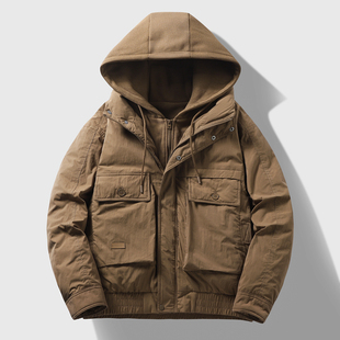 潮牌羽绒服男2024新款工装纯色连帽宽松百搭白鸭绒日系复古外套