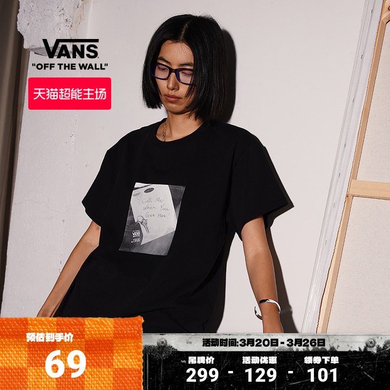 Vans范斯官方 女子纯棉黑色短袖T恤照片印花舒适圆领