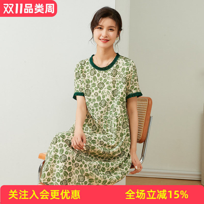 金菊桑蚕丝100%撞色圆领短袖真丝玫瑰印花直筒夏季新款女式连衣裙