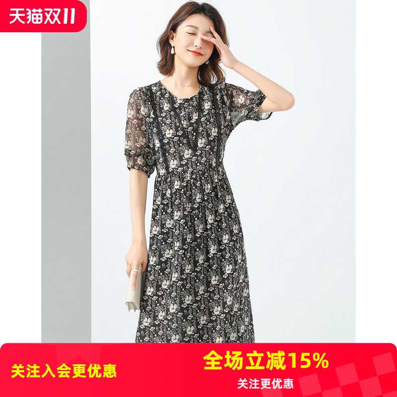 金菊真丝100%圆领短袖印花拼接蕾丝褶皱泡泡袖桑蚕丝女式连衣裙