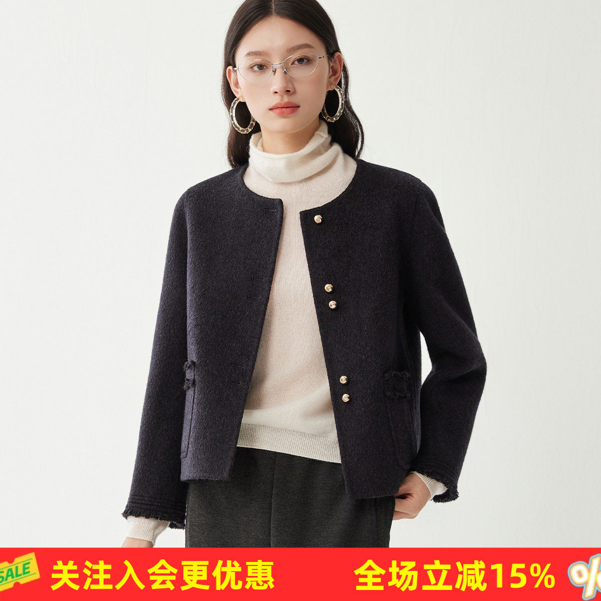 金菊绵羊毛【含羊绒】冬季26年新款短款圆领小香风高级感女式大衣