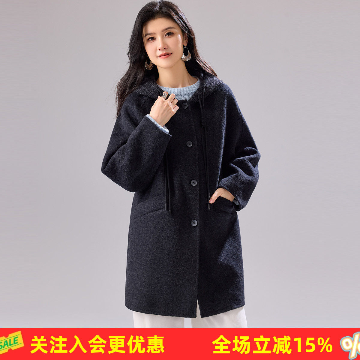 金菊【100%绵羊毛大衣】春秋新款针织连帽抽绳中长款保暖女式外套
