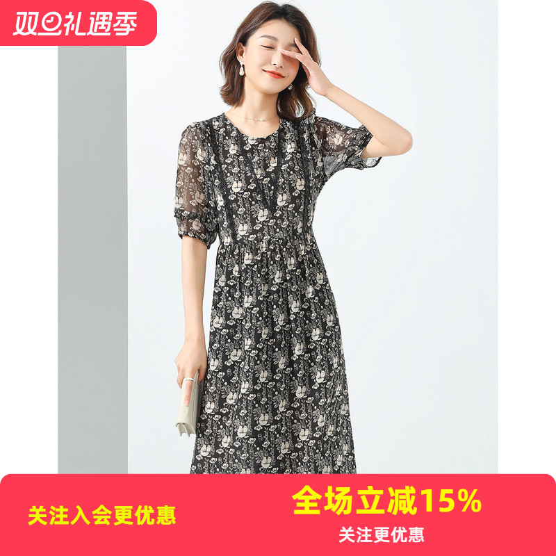 金菊真丝100%圆领短袖印花拼接蕾丝褶皱泡泡袖桑蚕丝女式连衣裙