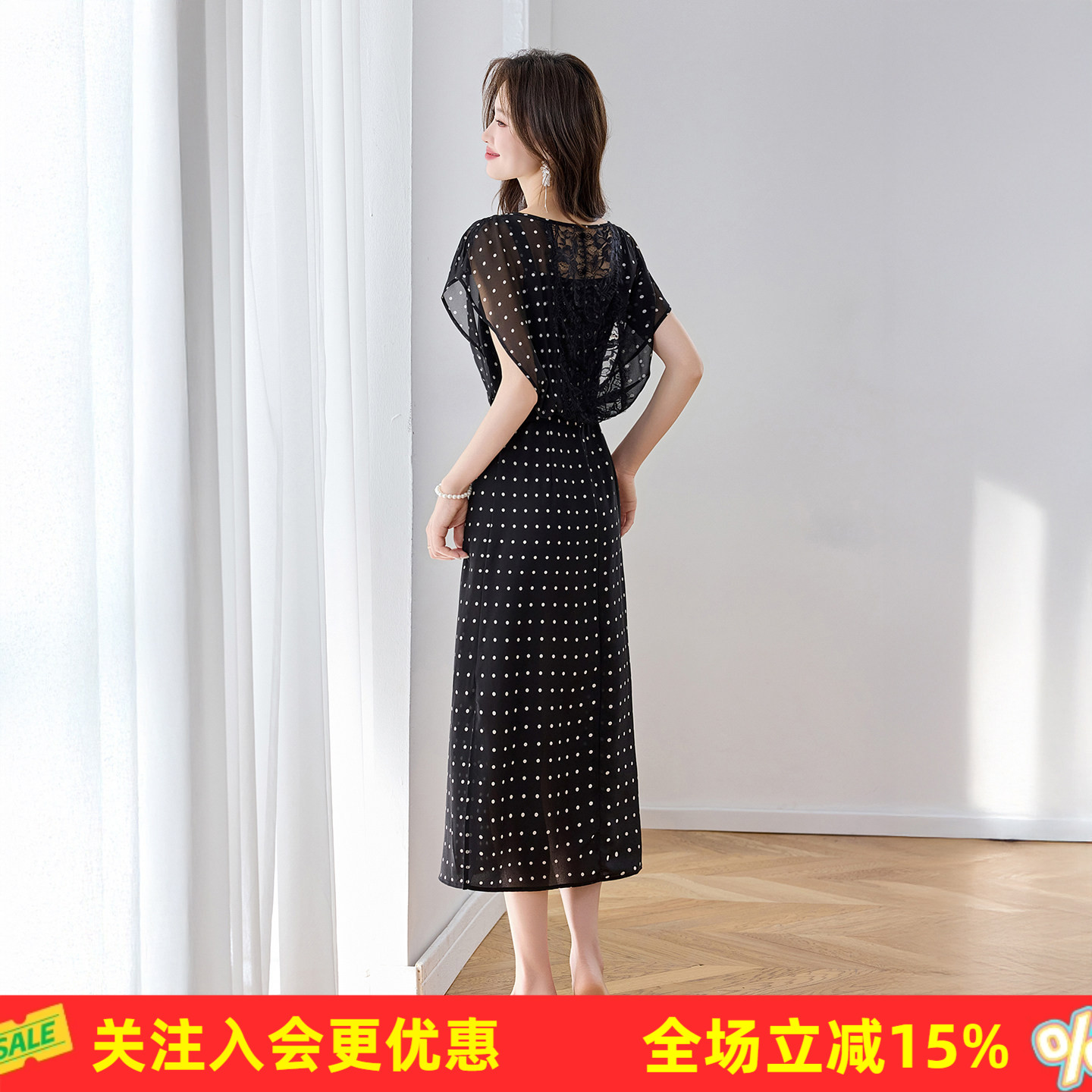 法式简约黑波点连衣裙 圆领荷叶小飞袖收腰垂感通勤长裙连衣裙