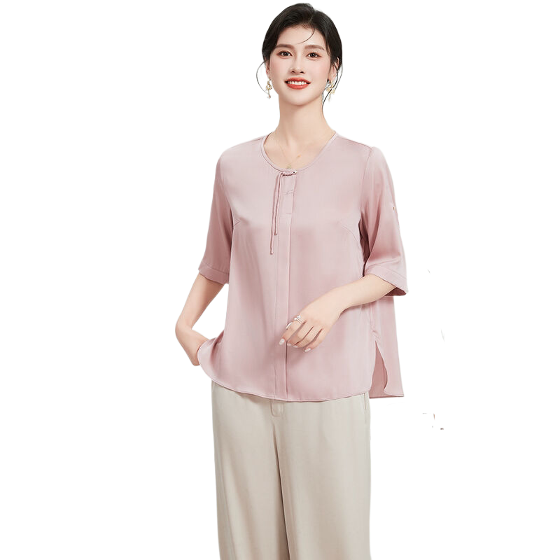 弹力双乔桑蚕丝T恤夏季纯色绸面圆领短袖上衣舒适透气女式衬衫