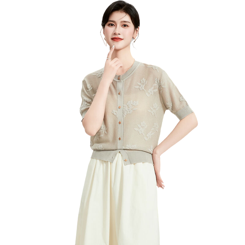 花卉提花纯色开衫外套含桑蚕丝夏季气质百搭短袖欧根纱女式针织衫