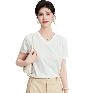 桑蚕丝T恤上衣2026春夏季舒适透气短袖V领简约纯色休闲精品女装