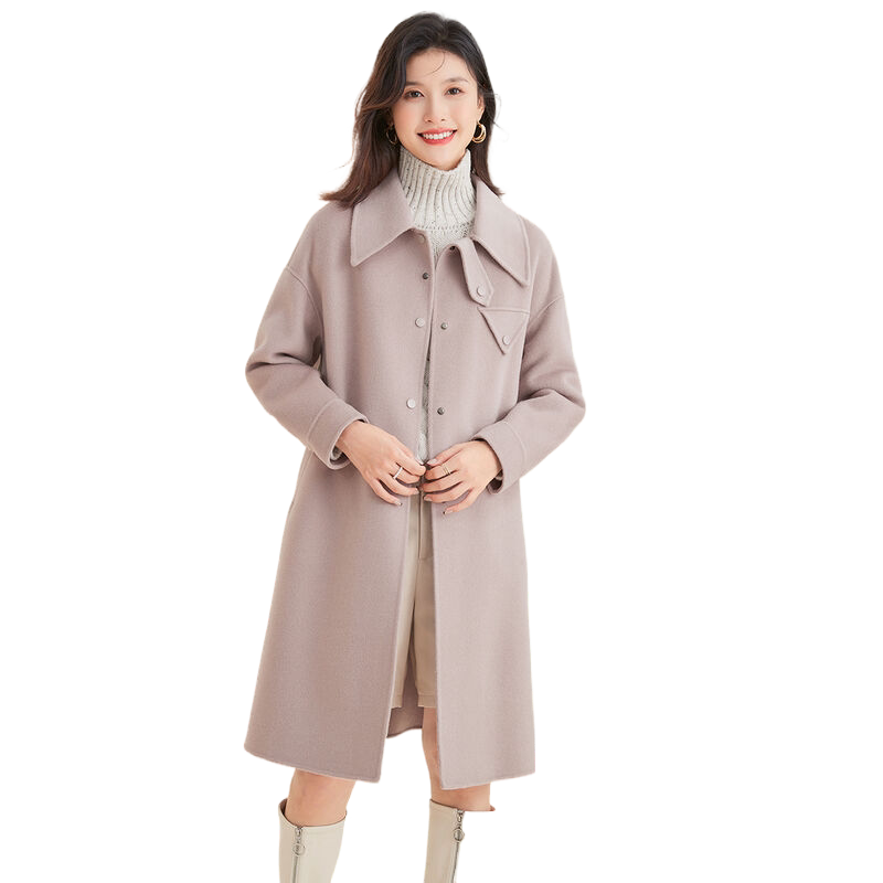 金菊美拉德绵羊毛100%双面呢外套春秋新款翻领纯色保暖女式大衣