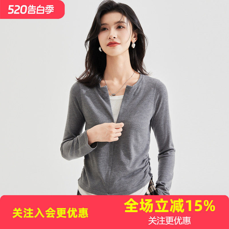 金菊含桑蚕丝【假两件】圆领拉链门襟柔软舒适薄款套头女式针织衫