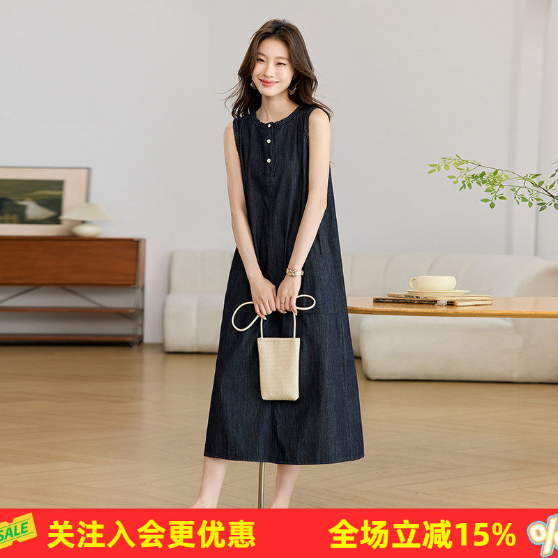 金菊复古文艺纯色牛仔背心裙天丝垂顺无袖宽松遮胯百搭过膝连衣裙
