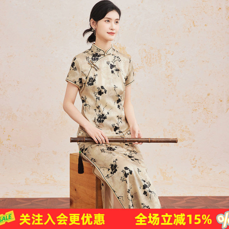 金菊桑蚕丝【长款旗袍】26年夏季新品叠印花卉复古素雅女式连衣裙