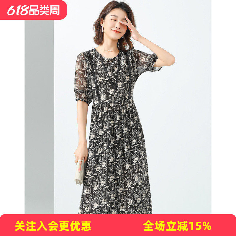 金菊真丝100%圆领短袖印花拼接蕾丝褶皱泡泡袖桑蚕丝女式连衣裙