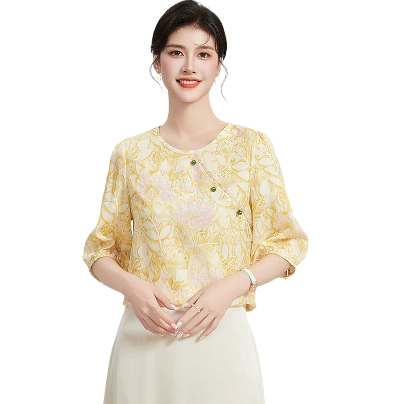 【桑蚕丝100%真丝提花】夏季圆领五分袖舒适透气女式T恤花卉