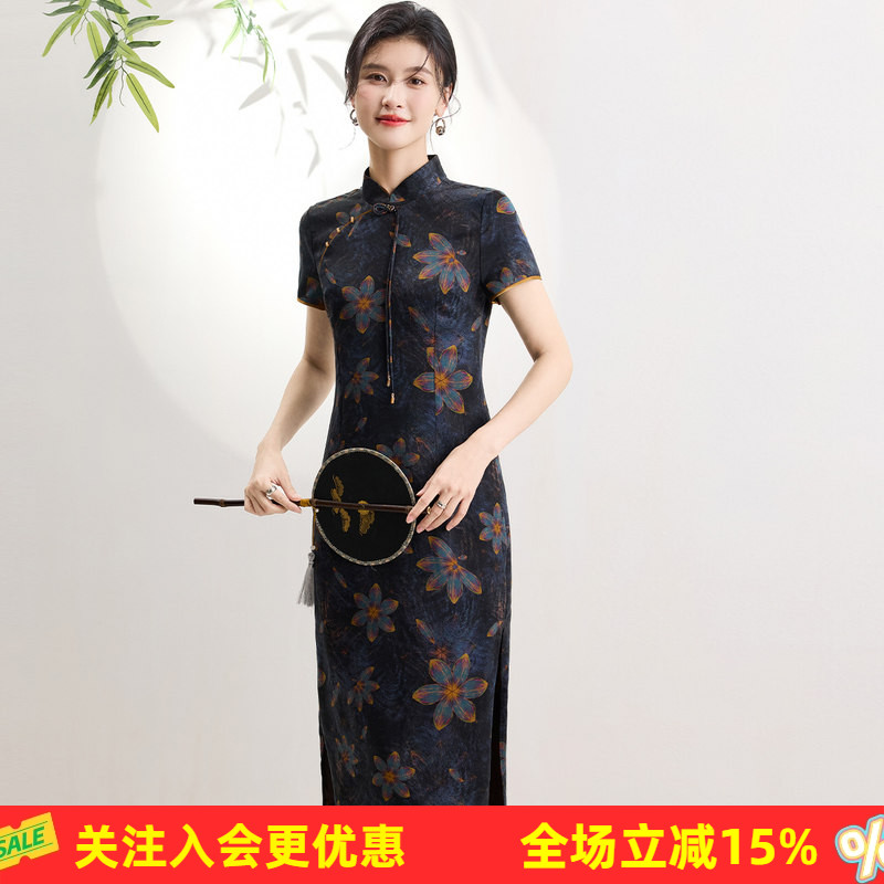 金菊【真丝改良缎面旗袍】夏季新款新中式100%桑蚕丝女式连衣裙