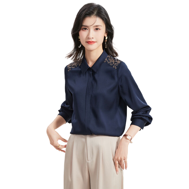 金菊桑蚕丝打底上衣春季翻领绣花时尚通勤长袖女式真丝衬衫