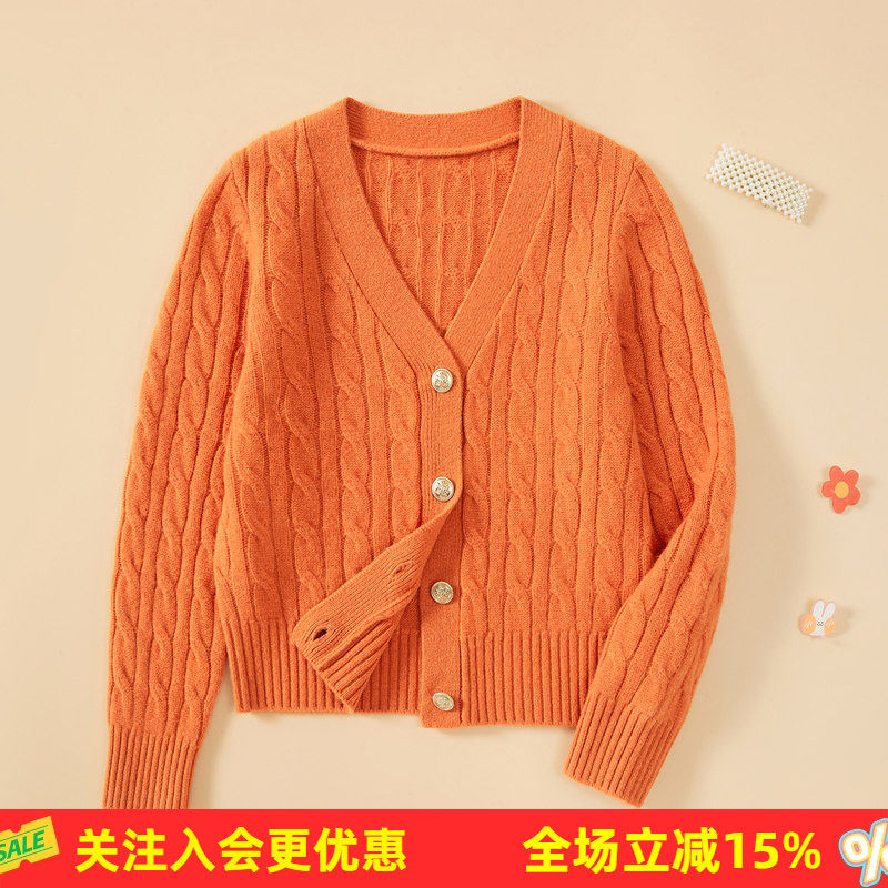 金菊【绵羊毛100%】春秋V领开衫绞花纯色上衣男童女童百搭毛衣厚