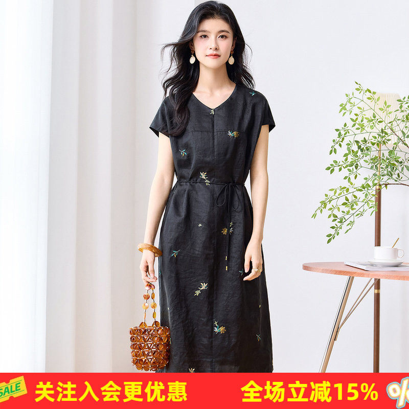 金菊100%桑蚕丝【真丝直筒裙】连衣裙女夏季高级感气质精美绣花