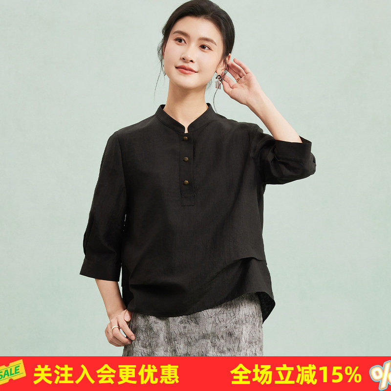 金菊半开襟宽松大版真丝香云纱气质纯色五分袖100%桑蚕丝女式T恤