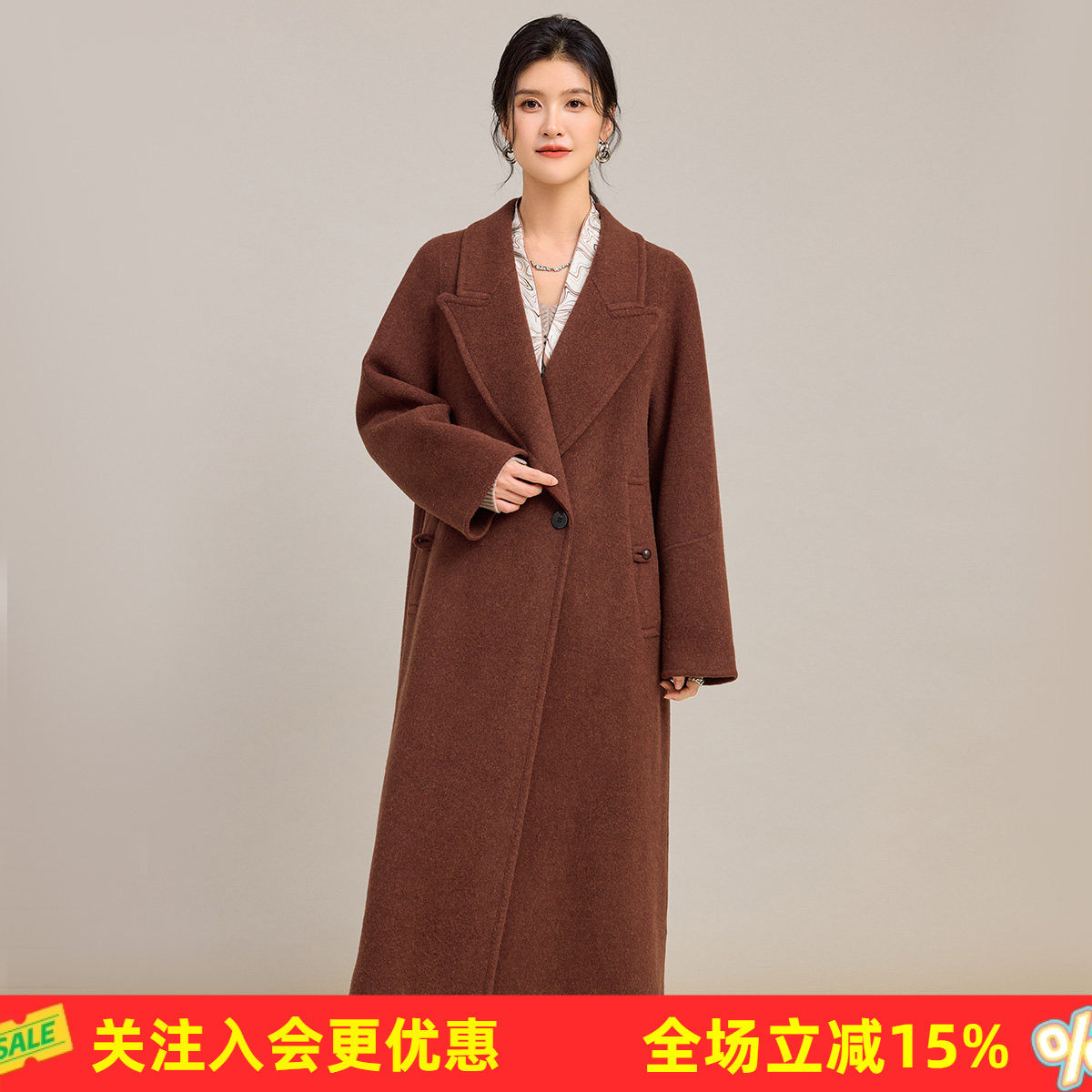 金菊【绵羊毛100%】26年新款冬季宽松西装领双排扣优雅女式大衣