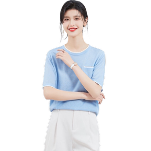 金菊多色可选！春夏圆领短袖撞色织条口袋贴布日常百搭女式针织衫