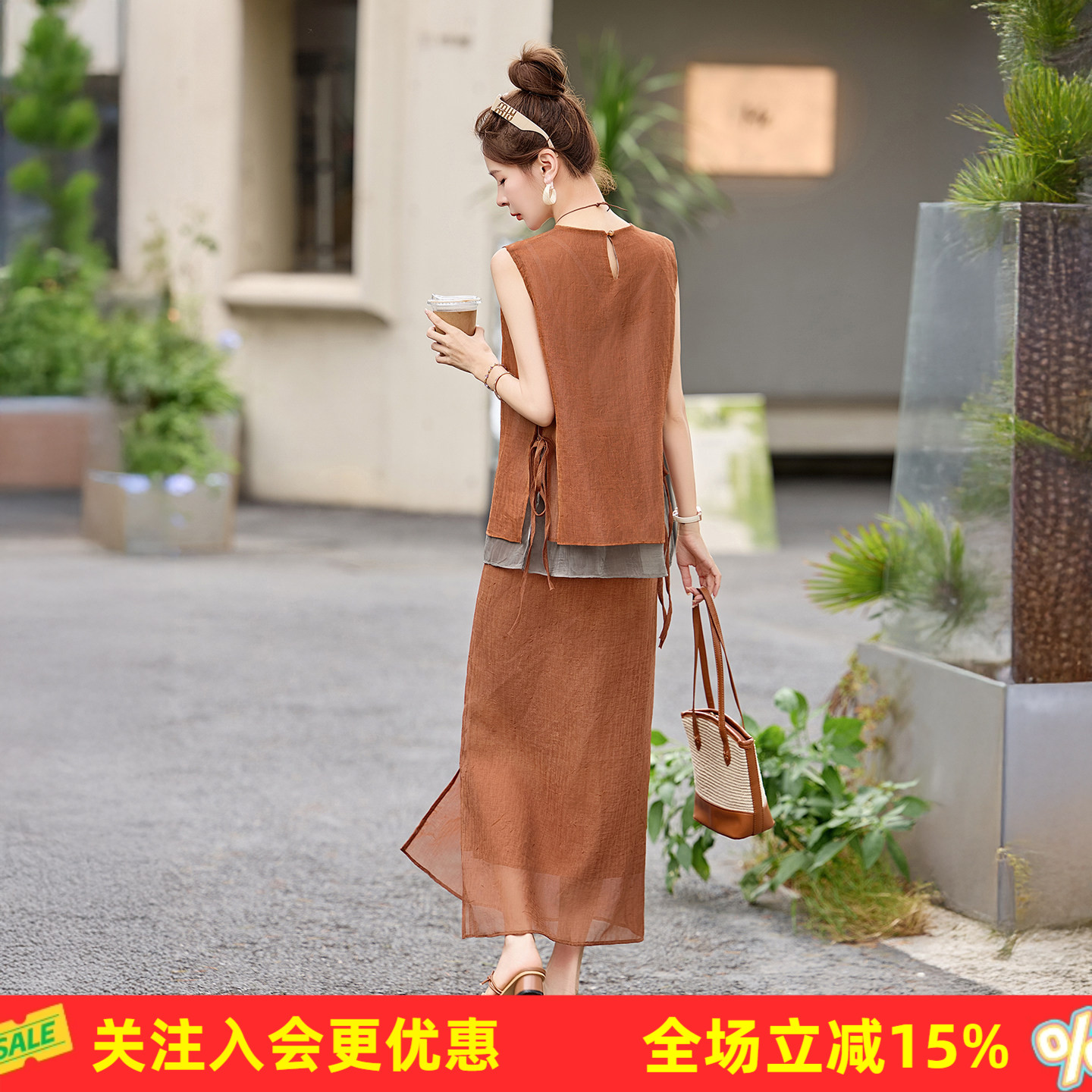 复古文艺圆领侧边抽绳无袖马甲高腰侧开叉肌理半身长裙女式套装