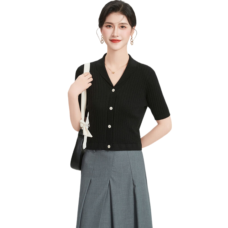 纯色翻领短款上衣气质外套开衫百搭短袖含桑蚕丝夏季女式针织衫