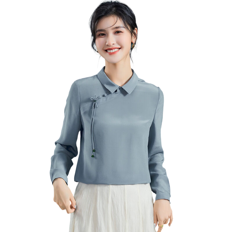 【100%桑蚕丝】纯色翻领长袖上衣春季新款盘扣新中式真丝女式衬衫