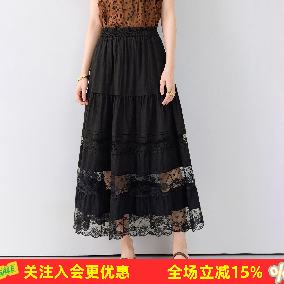 金菊纯色蕾丝拼接松紧腰蛋糕裙气质春夏舒适透气休闲女式半截裙
