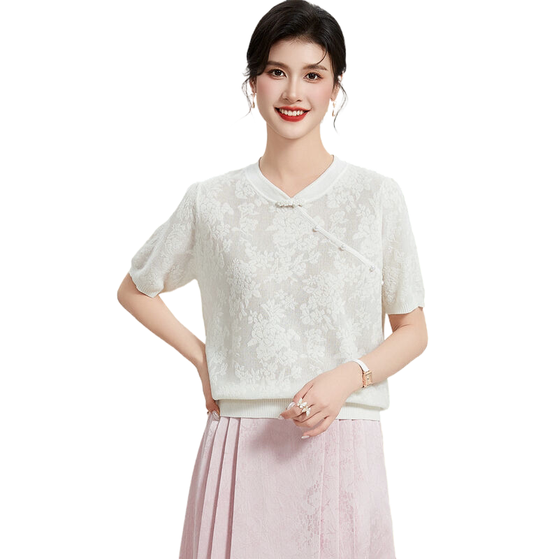 金菊新中式国风系列春夏圆领短袖珍珠点缀装饰花卉女式针织衫
