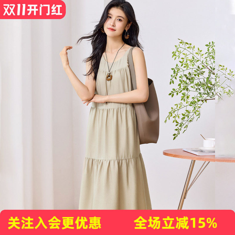 金菊【真丝100%桑蚕丝】2026夏高级感纯色女装拼接设计连衣裙