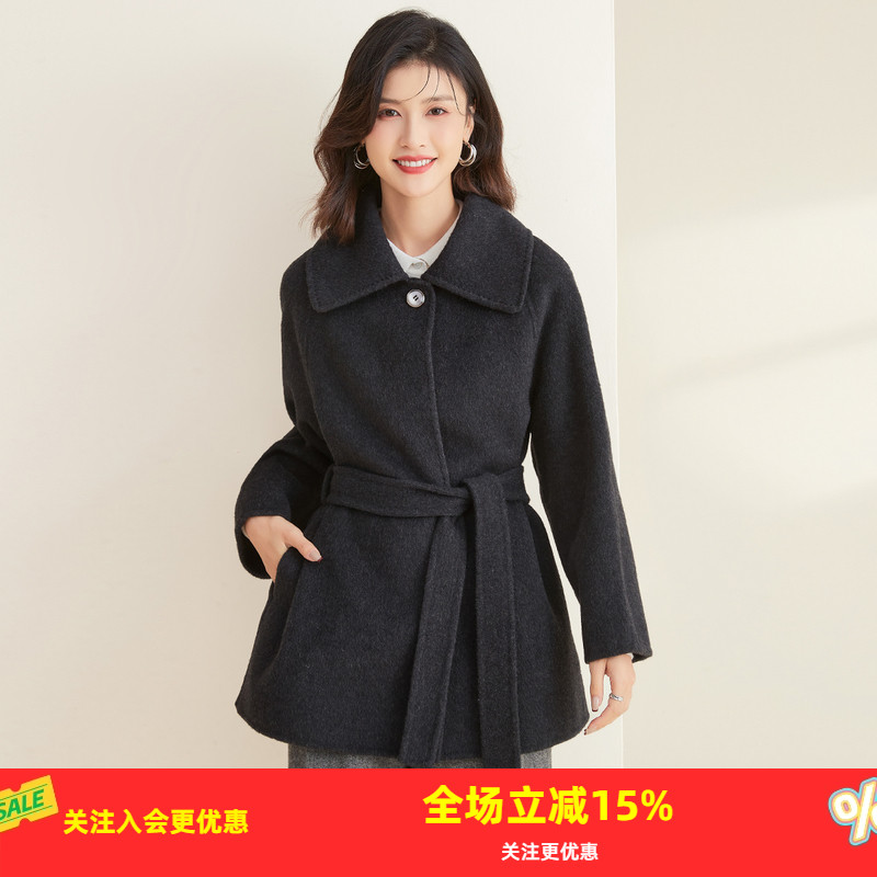 金菊秋冬新款翻领双面呢纯色插肩袖外套直筒系带绵羊毛女式大衣