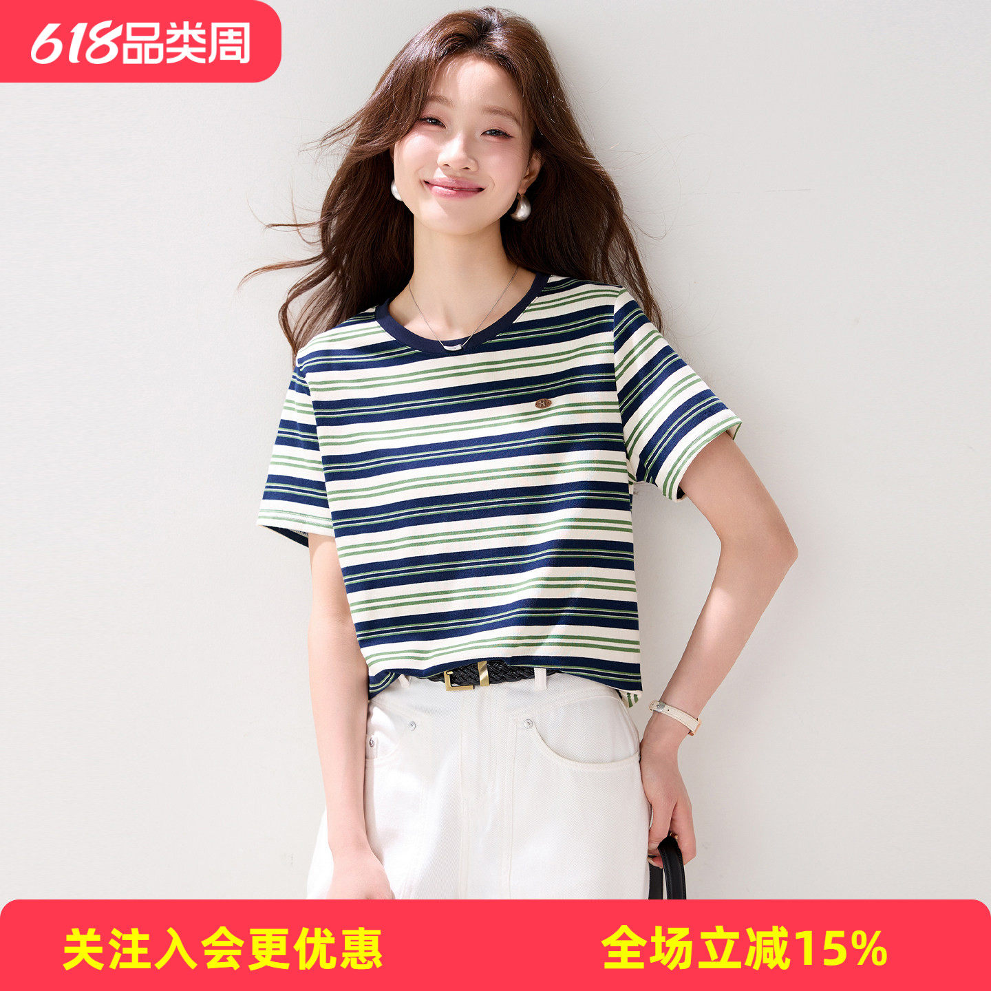 金菊复古撞色条纹短袖圆领小标刺绣宽松短款纯棉百搭休闲女式T恤