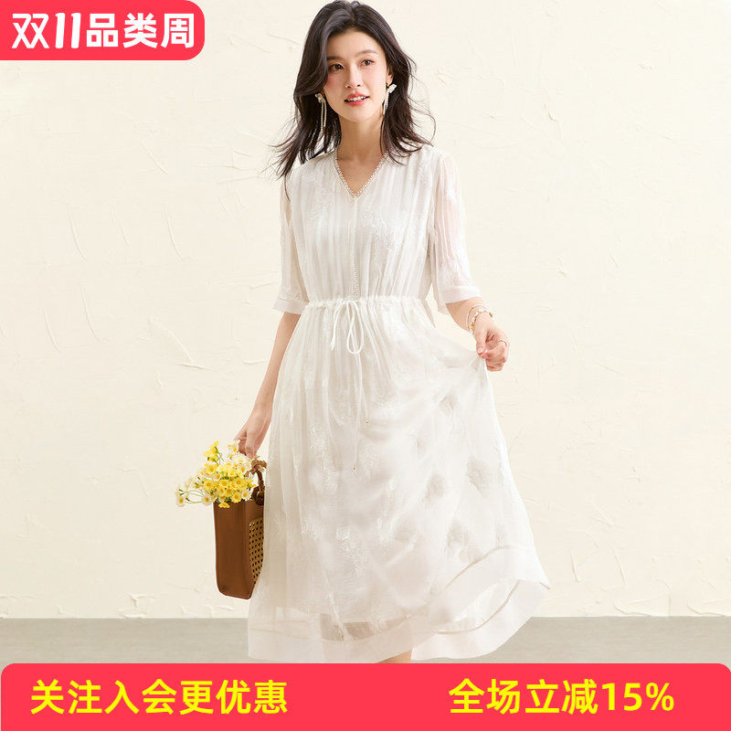 【真丝顺纡绣花】26年夏季桑蚕丝纯色五分袖宽松休闲女式连衣裙