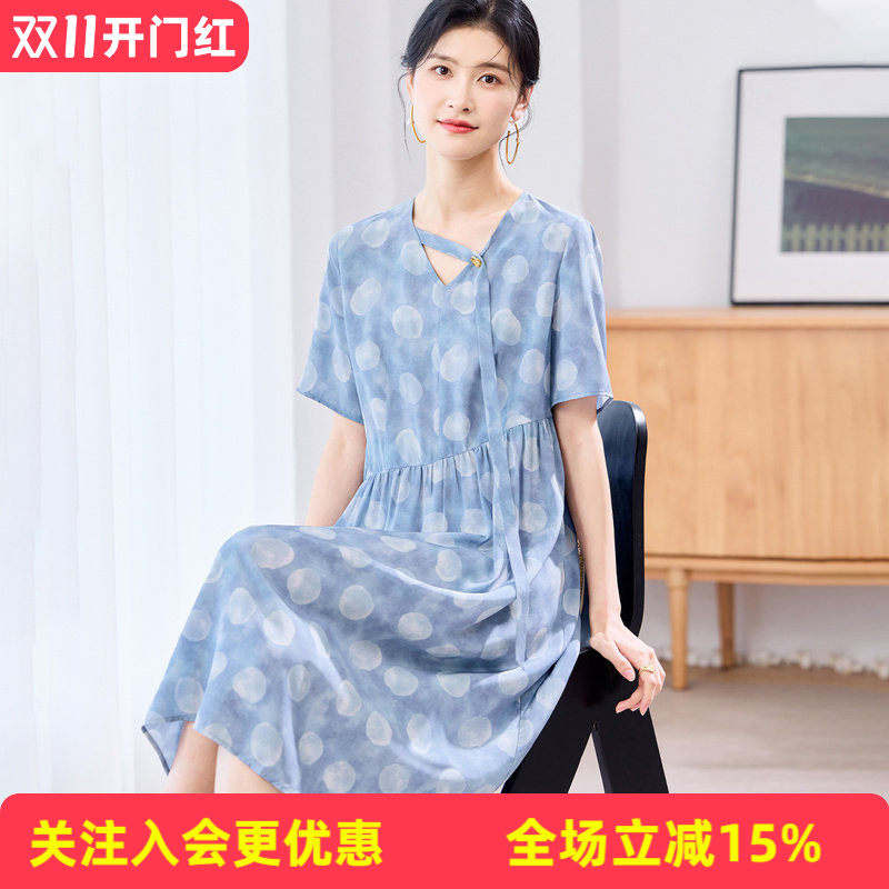 金菊【真丝双绉】V领波点短袖桑蚕丝100%夏季新款高级女式连衣裙