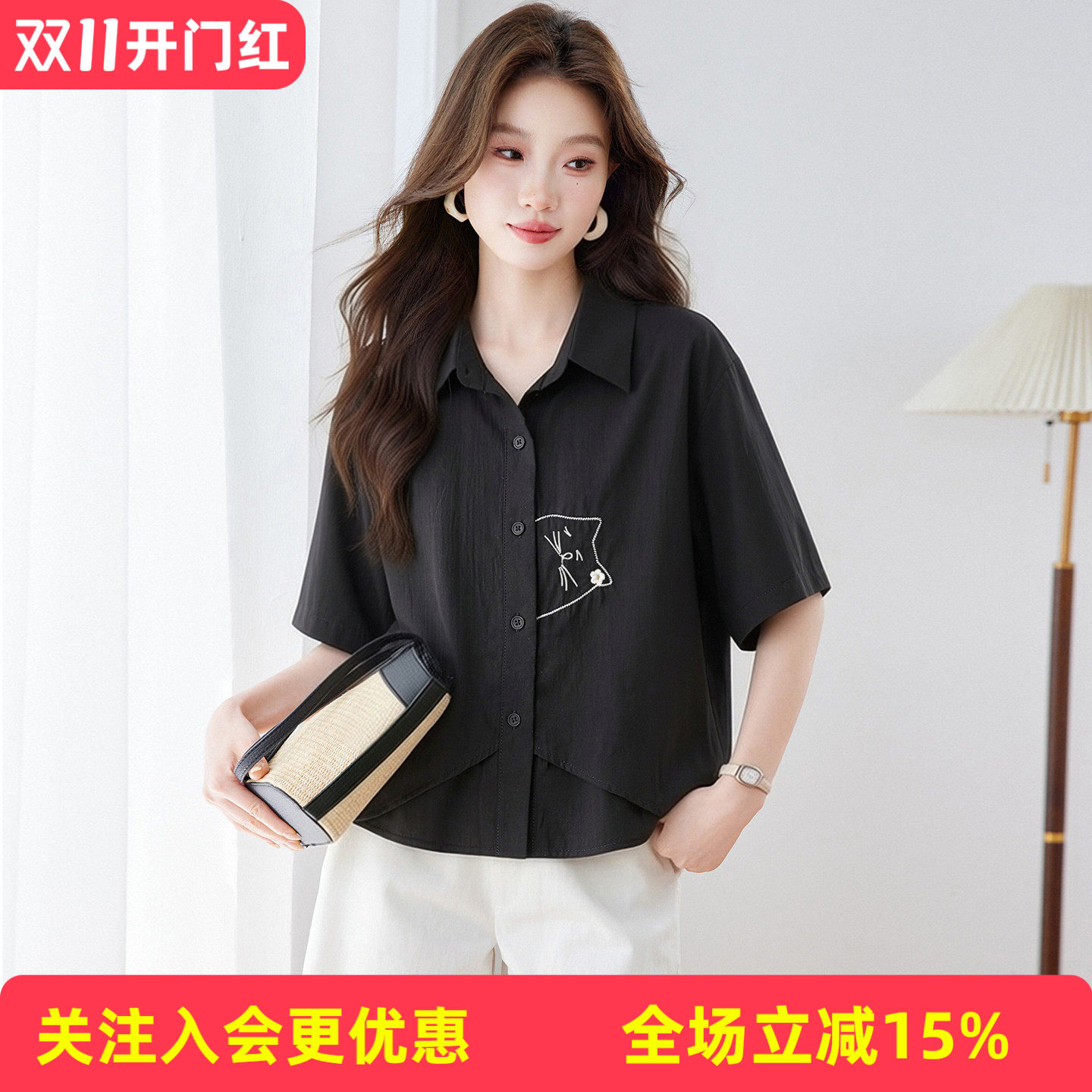 金菊猫咪刺绣夏季新款宽松显瘦短款翻领短袖女式衬衫