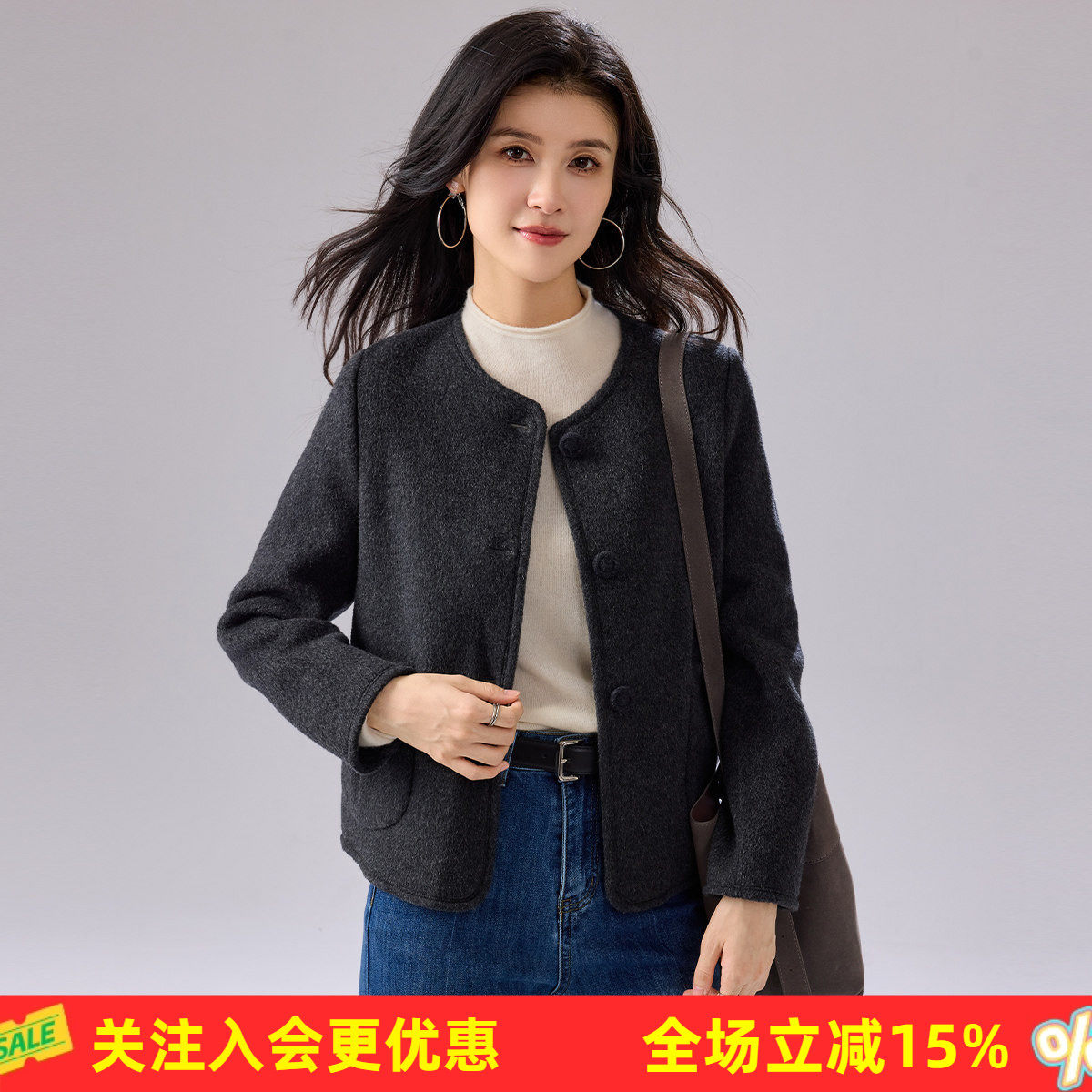 金菊【绵羊毛100%】26年新款冬季短款圆领口袋甜美开衫女式大衣