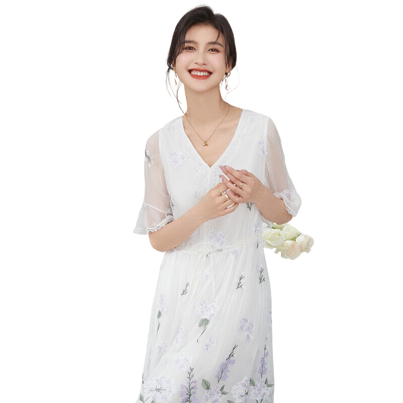 金菊春夏新款V领拼接蕾丝边烫钻装饰桑蚕丝100%女式连衣裙