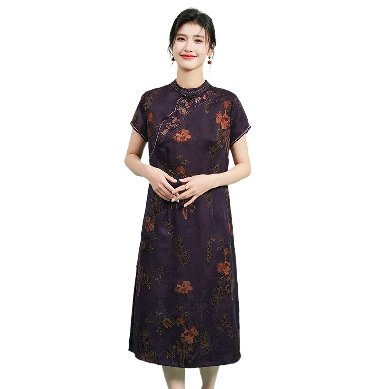 金菊100%真丝非遗香云纱春夏立领绣花短袖桑蚕丝女式连衣裙