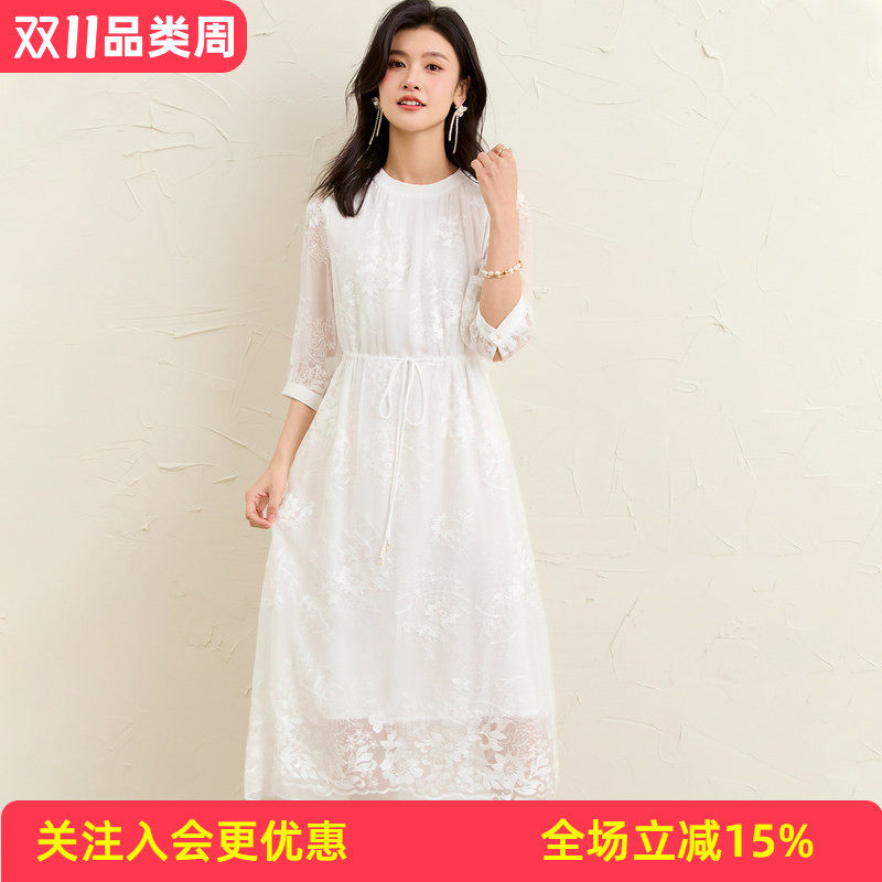 【真丝顺纡绣花】26年夏季桑蚕丝纯色五分袖宽松大版女式连衣裙