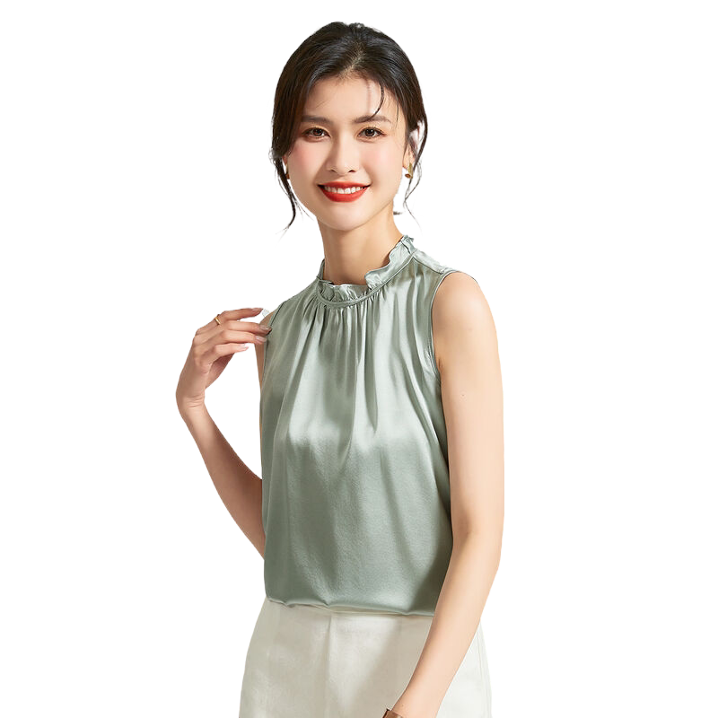 金菊自留款桑蚕丝花边立领夏季新款无袖上衣纯色简约打底女式背心