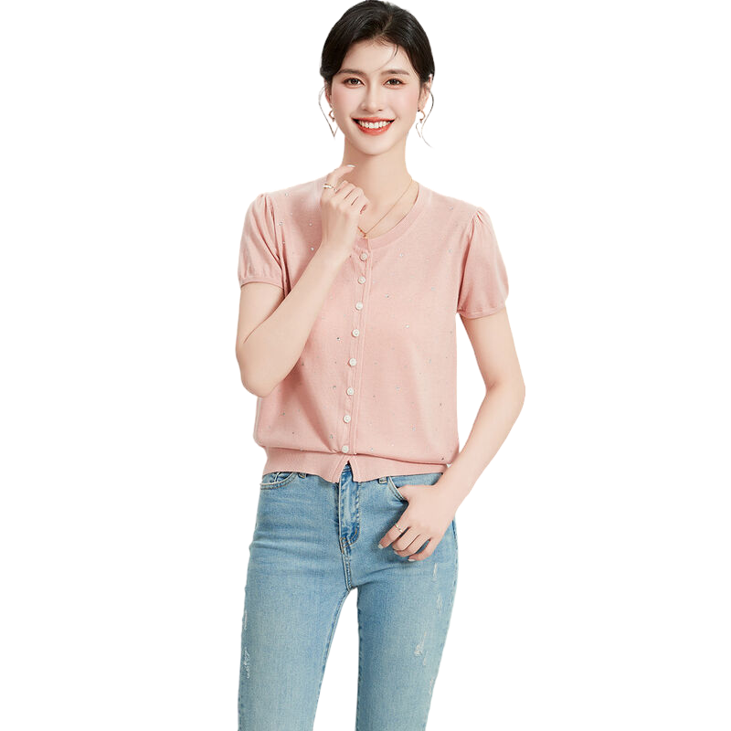 【亮钻贴片】圆领纯色短袖开衫外套夏季含桑蚕丝气质女式针织衫
