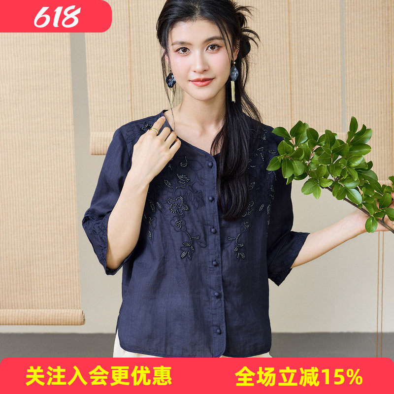 金菊2026夏新款V领单排扣七分袖苎麻衬衫刺绣T恤简约纯色上衣