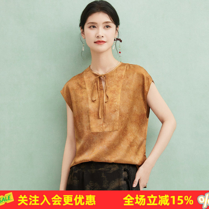 金菊19姆米桑蚕丝上衣【斜纹缎+双乔】高级感新中式圆领无袖T恤女