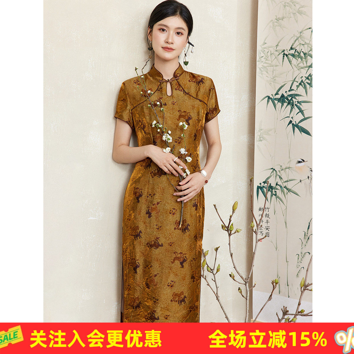 新中式小马印花女式旗袍中国风立领盘扣短袖长裙子气质通勤连衣裙