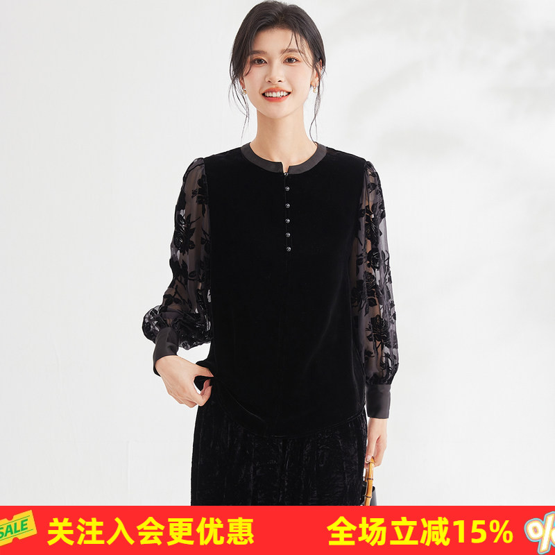 金菊【高级感丝绒套头上衣】春秋圆领领拼接玫瑰长袖纯色女式T恤