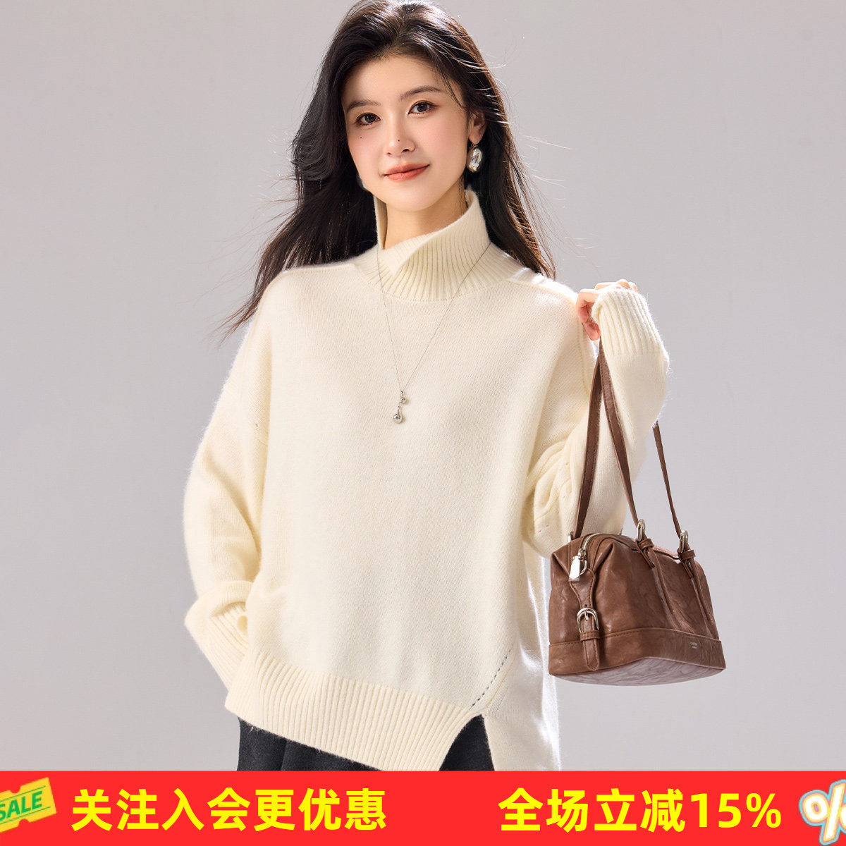 金菊含羊绒羊驼毛春秋设计款开叉翻领宽松保暖女羊毛衫加厚套头衫