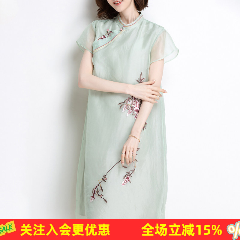 一路绿灯新中式国风爆款!手工刺绣夏季盘扣桑蚕丝旗袍短袖连衣裙