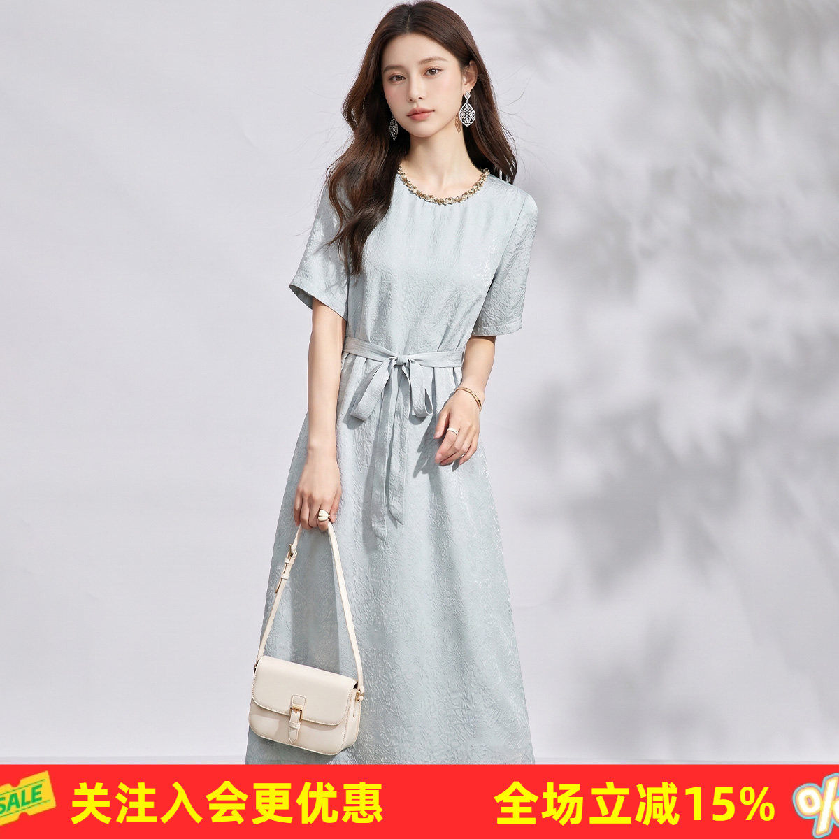 【桑蚕丝暗纹提花直筒裙】26夏设计感花边圆领系带高级连衣裙