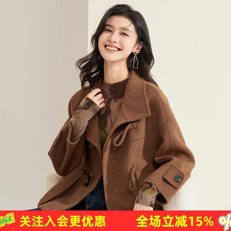 春秋新款小个子双面呢骆驼绒羊毛大衣女短款高级感牛角扣韩版外套