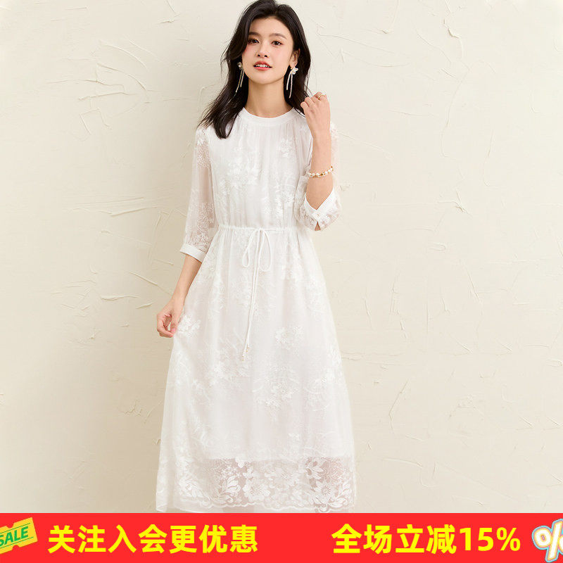 【真丝顺纡绣花】26年夏季桑蚕丝纯色五分袖宽松大版女式连衣裙